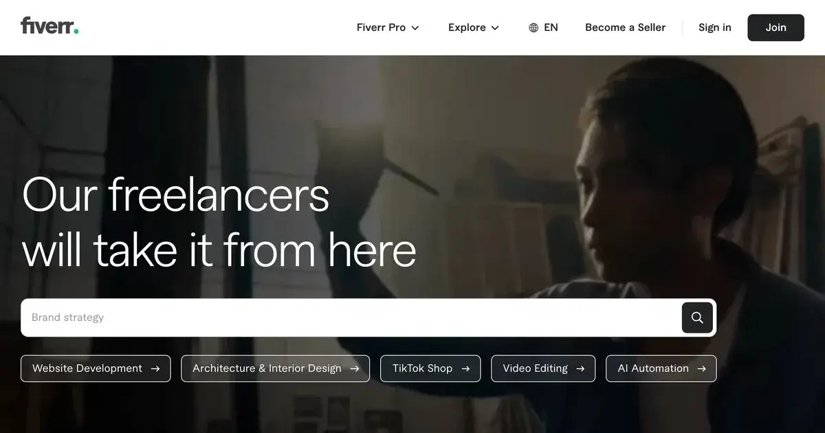 Fiverr homepage with the headline Our freelancers will take it from here and a service search bar