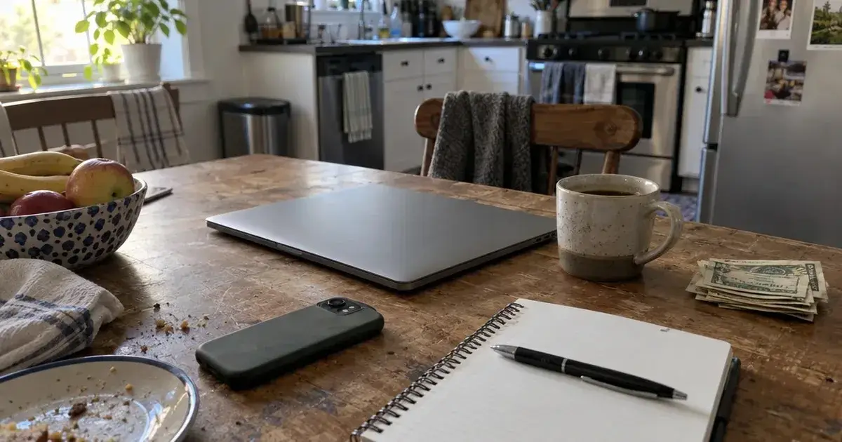 Laptop, phone, notebook and a small stack of cash on a wooden kitchen table