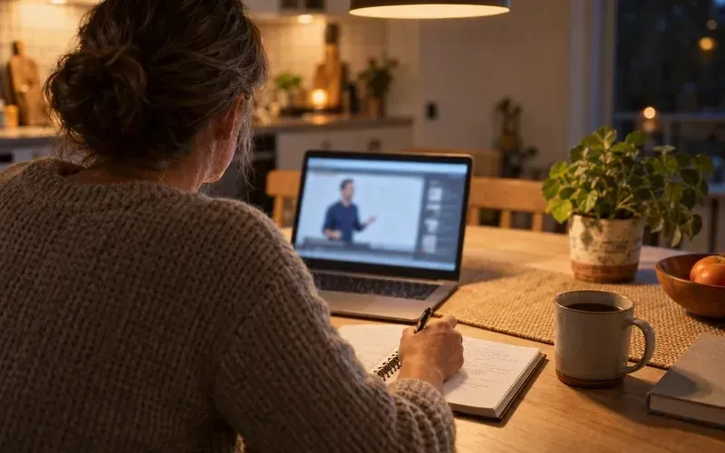 Adult learner taking an online course on a laptop at a kitchen table with a notebook and coffee