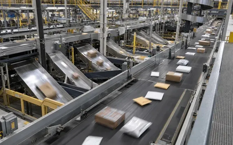 Automated sorting machine moving envelopes and parcels along conveyor belts in a processing facility