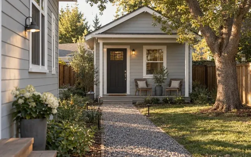 Small detached guest house with its own porch in a fenced backyard behind a family home