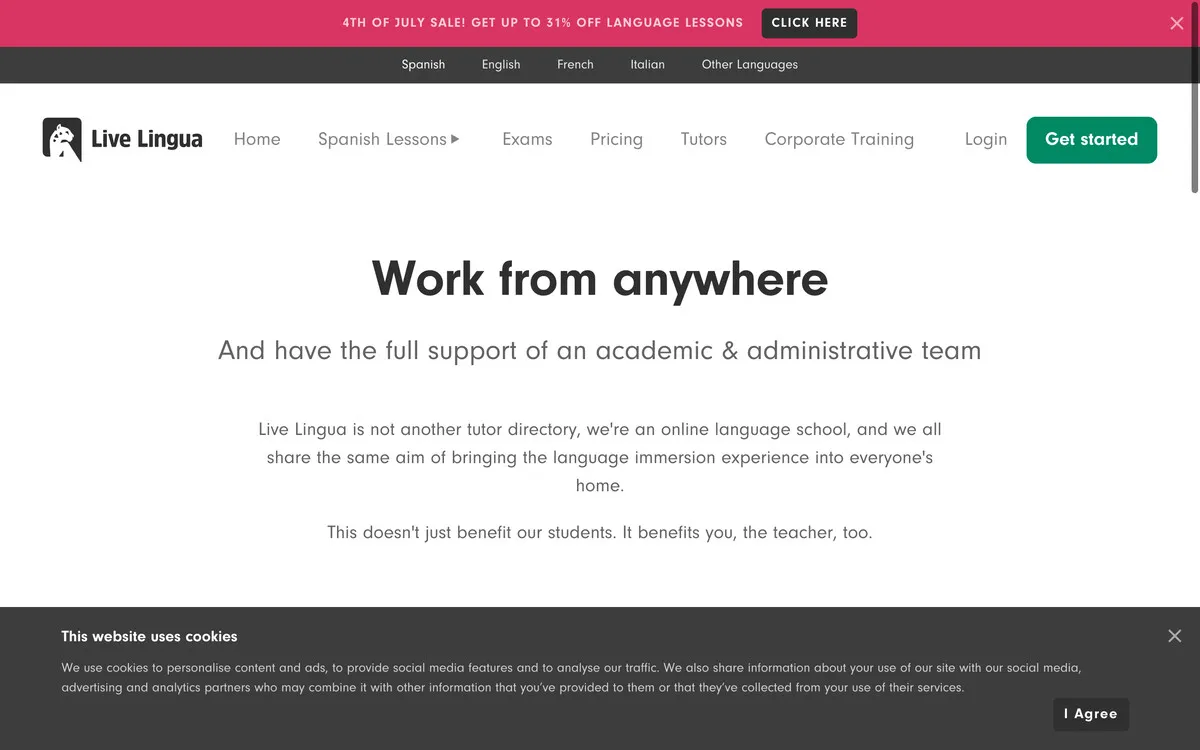 Live Lingua work from anywhere jobs page for online teachers