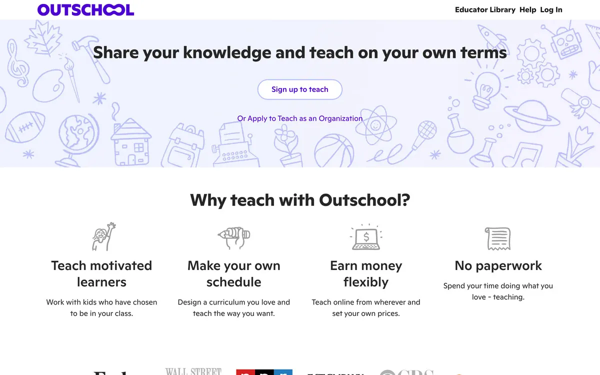 Outschool teach on your own terms page for group classes
