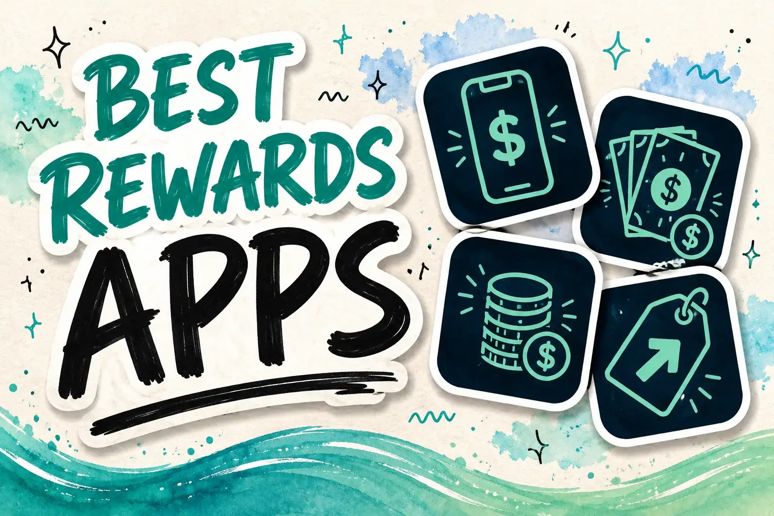 Best rewards apps hand-lettered header with icon tiles showing a phone with a dollar sign, a stack of cash, coins, and a cash back tag