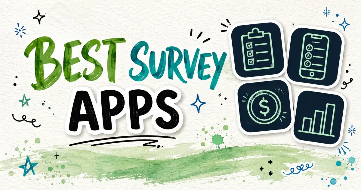 Best survey apps watercolor graphic with clipboard checklist, smartphone survey, dollar coin, and bar chart icons