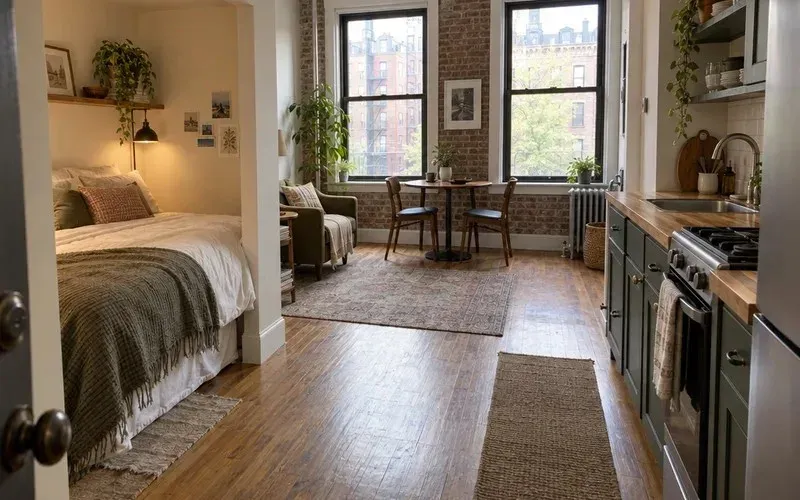 Compact studio apartment with a bed alcove, kitchenette and tall windows