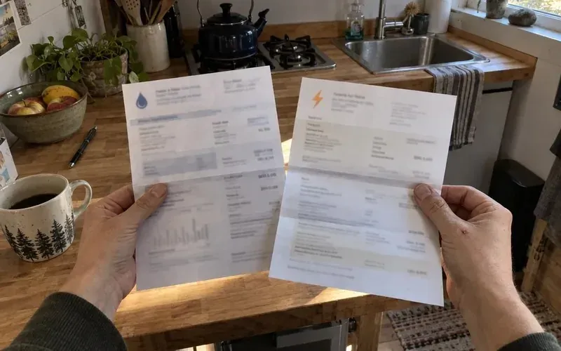 Hands holding two paper utility bills over a small tiny house kitchen counter