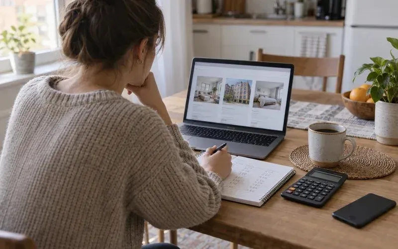 Person at a kitchen table comparing rental options with a notebook and calculator