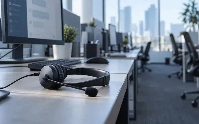 Unused call center headset on a desk next to a monitor showing an automated chat window