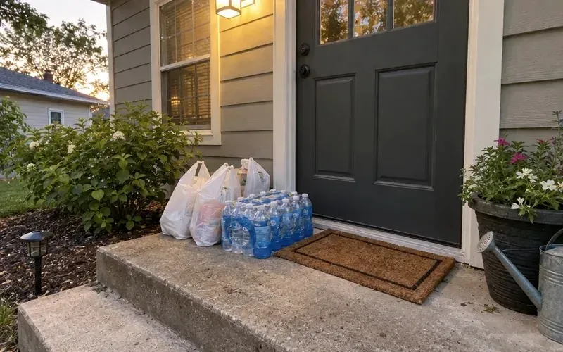 Delivered grocery bags and bottled water waiting on a front porch