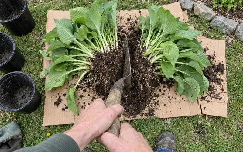 Hands splitting a hosta clump with a spade on a piece of cardboard