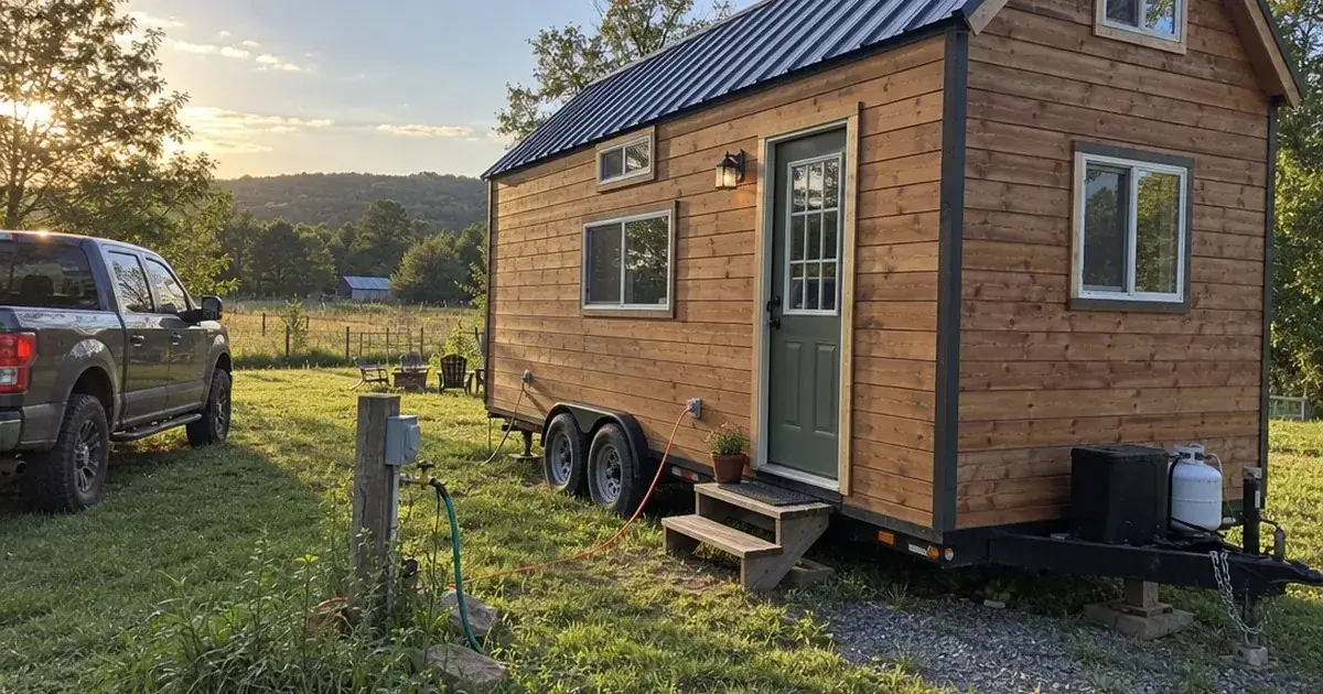 Wood-sided tiny house on a trailer parked on a grassy lot with a hose and power cord running to a utility post