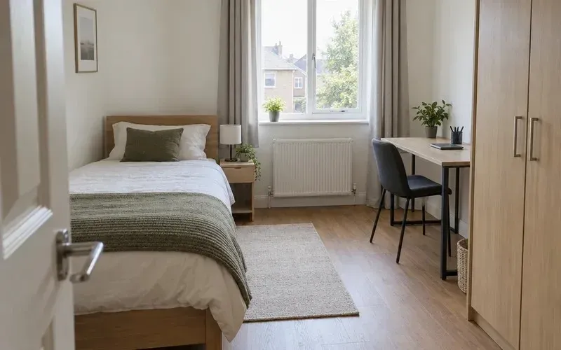 Simple furnished bedroom in a shared house with a bed, desk and window