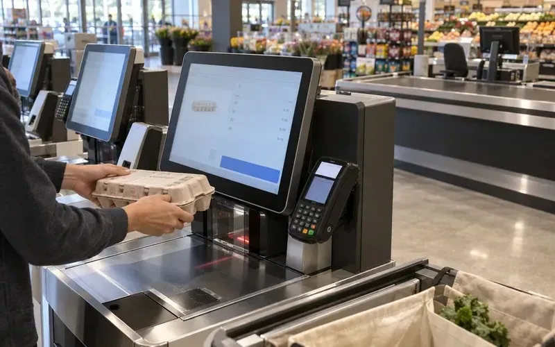 Shopper scanning groceries at a self-checkout kiosk while a staffed checkout lane sits empty