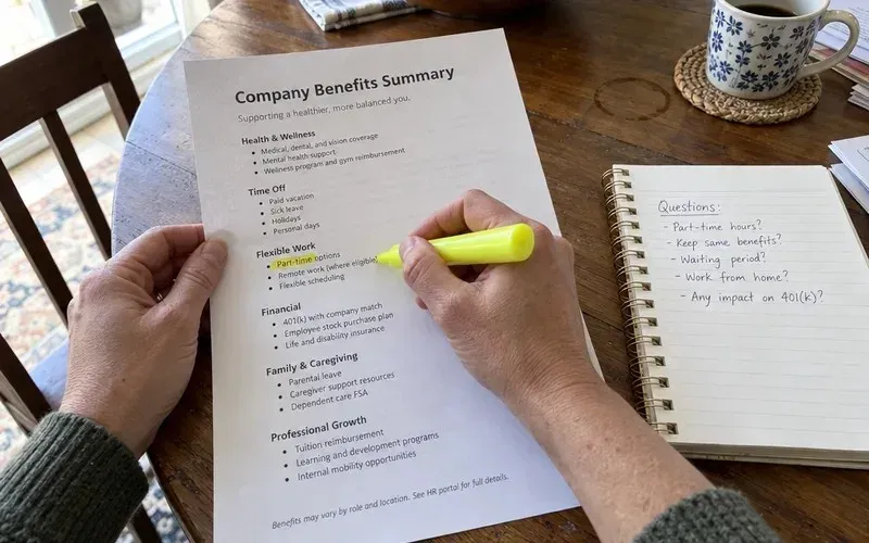 Hands highlighting part-time eligibility on a printed benefits summary