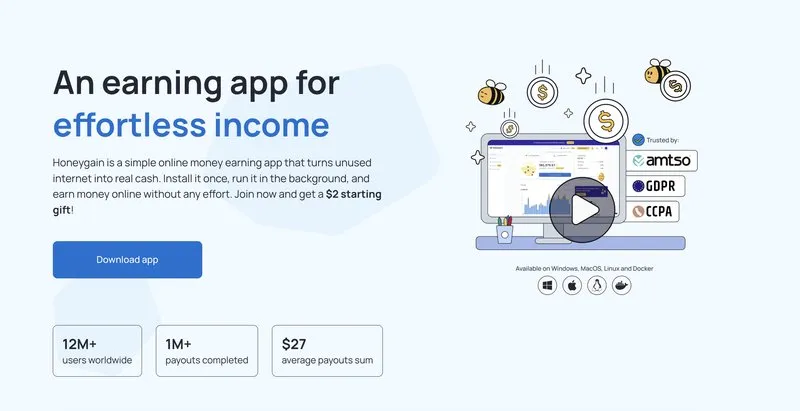 Honeygain's homepage promising effortless income with a 2 dollar starting gift