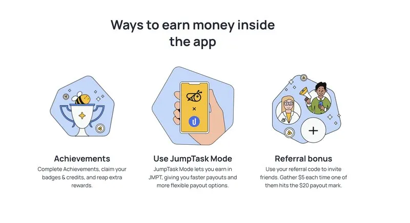 Honeygain's extra earning options including achievements, JumpTask Mode, and referrals