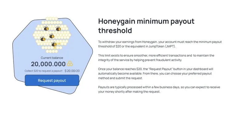 Honeygain's 20,000 credit minimum balance needed to request a payout