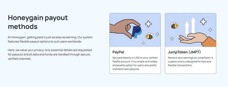 Honeygain payout methods showing PayPal and JumpToken JMPT options