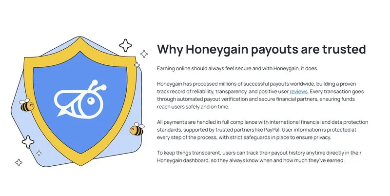 Honeygain's trust page citing compliance with financial and data protection standards