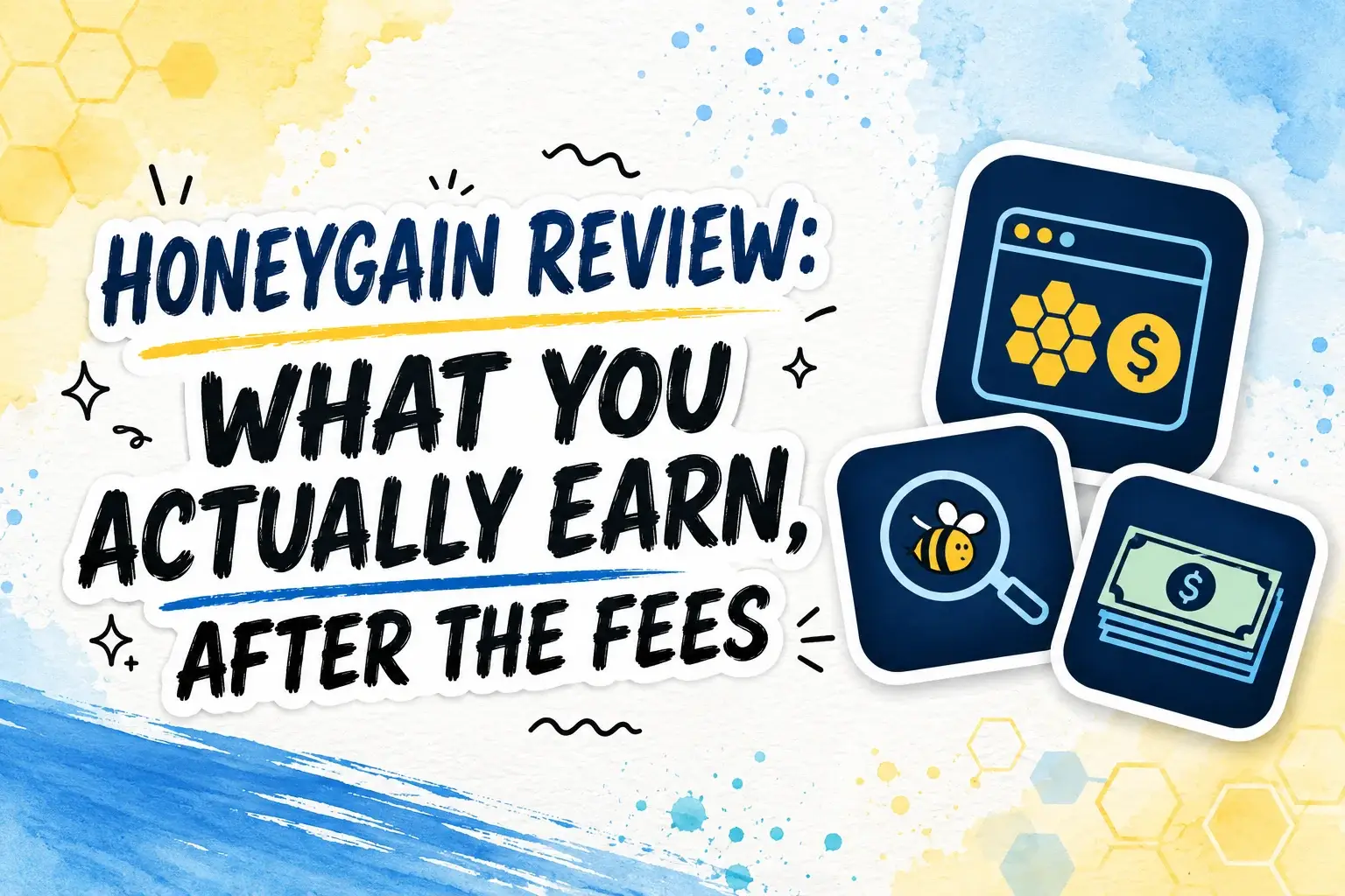 Honeygain review graphic reading What You Actually Earn, After the Fees with a bee under a magnifying glass, honeycomb credits, and cash icons