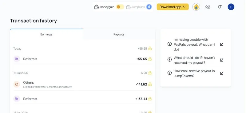 Our Honeygain transaction history showing credits expiring after six months of inactivity