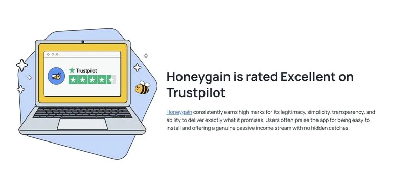 Honeygain's Excellent Trustpilot rating shown on a laptop illustration