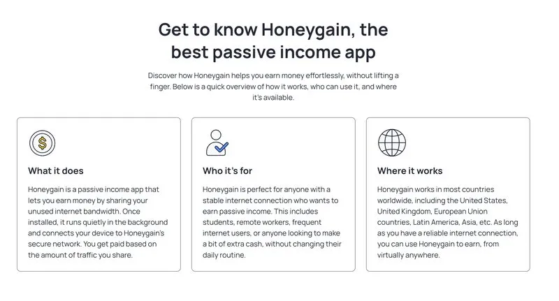 Honeygain overview cards covering what it does, who it's for, and where it works