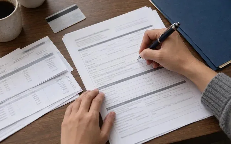 Hands filling out a housing application with pay stubs and a folder