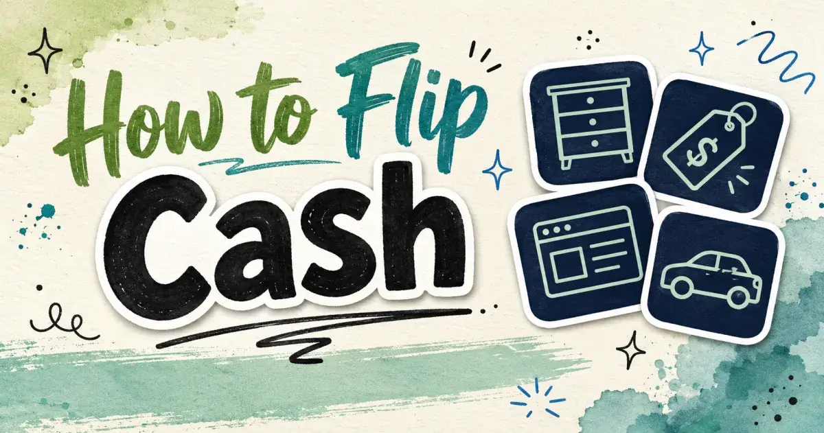 How to flip cash hand-lettered watercolor header with icon tiles showing a dresser, a price tag, a browser window, and a car