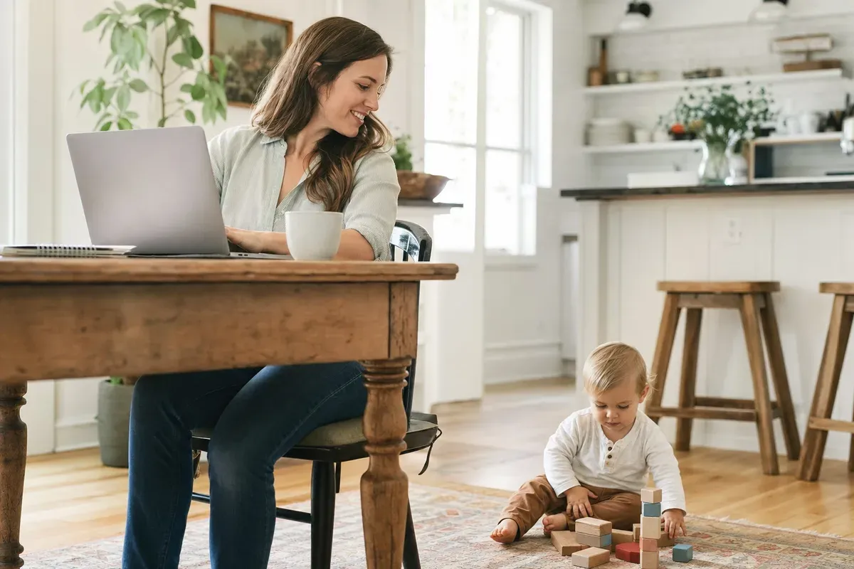 Mother working on a laptop at the kitchen table while her toddler plays with wooden blocks on the floor nearby