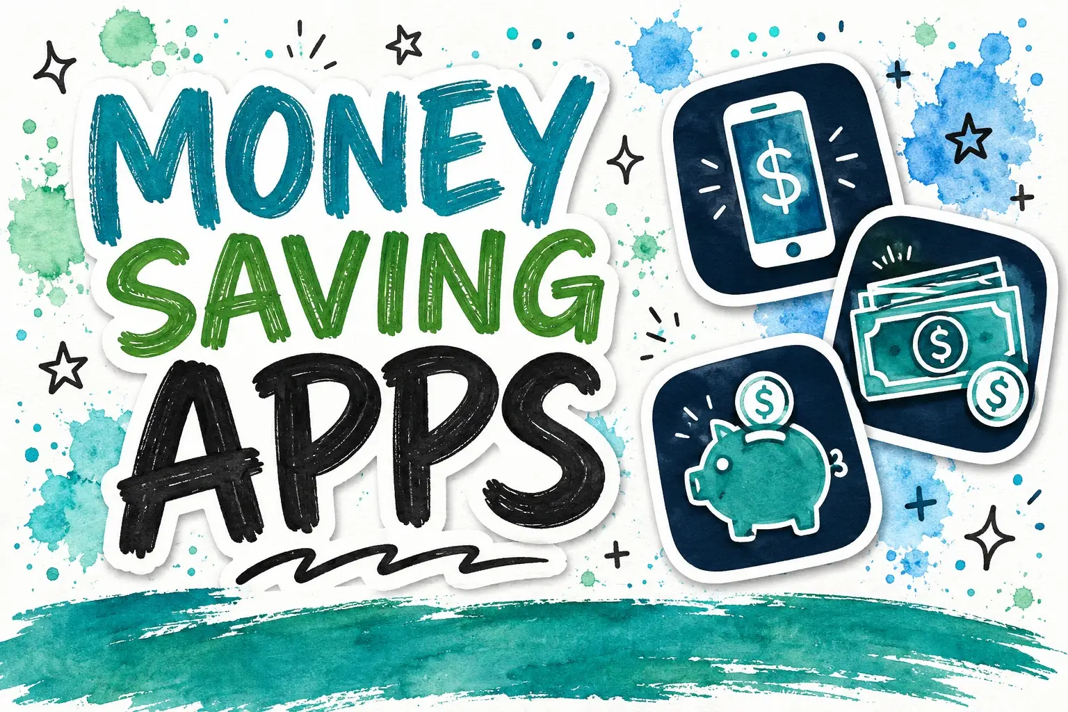 Money saving apps hand-lettered graphic with sticker icons showing a phone dollar sign, cash bills with coins, and a piggy bank