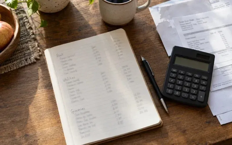 Monthly household budget on paper with a calculator and bills