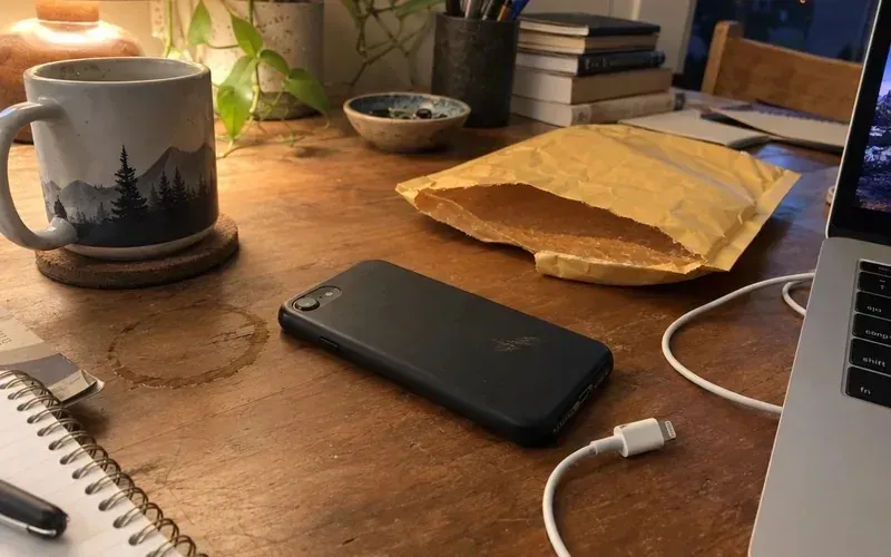 Old smartphone, charging cable and padded shipping envelope on a desk