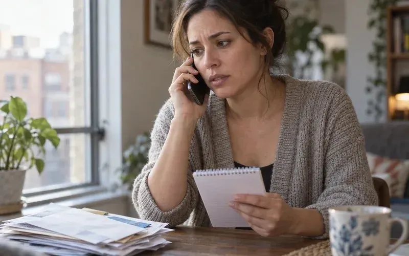 Person by a window making a phone call for rent help with a notepad