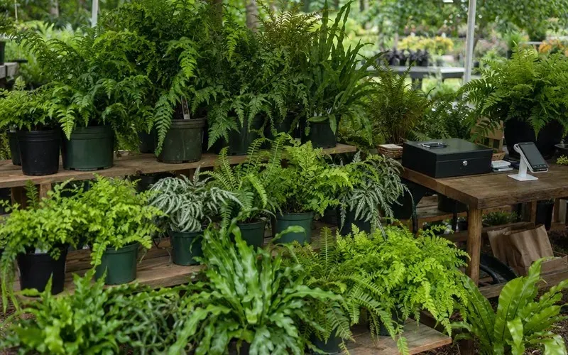 Shelves of potted ferns for sale at a small home plant sale