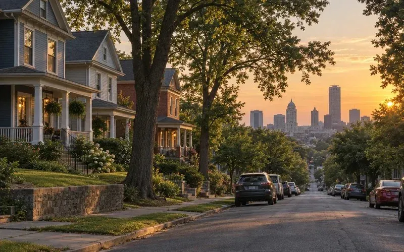 Tree-lined residential street with older houses in a midsize Midwestern city