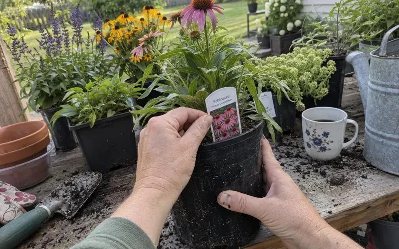 Hand holding a nursery pot to read the plant tag before dividing it