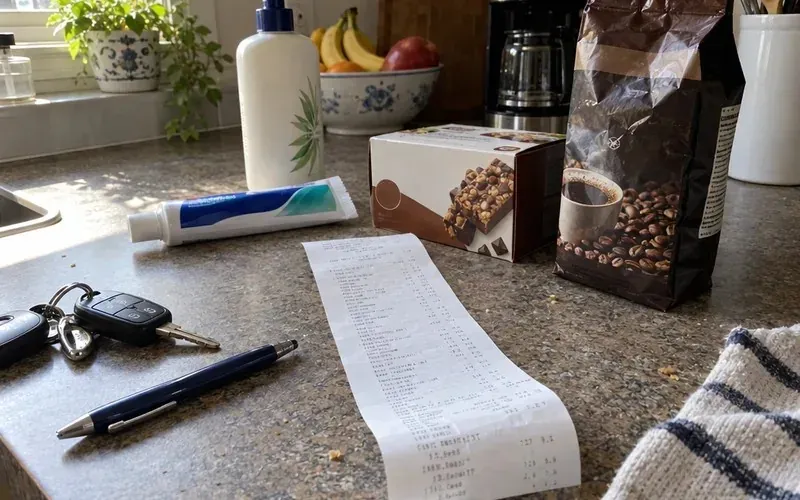 Store receipt on a kitchen counter next to toothpaste, lotion and groceries