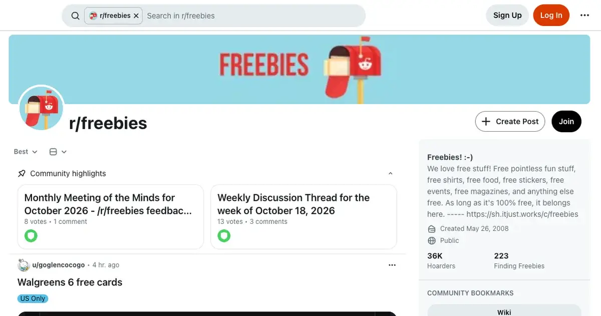 r/freebies subreddit front page with current freebie posts