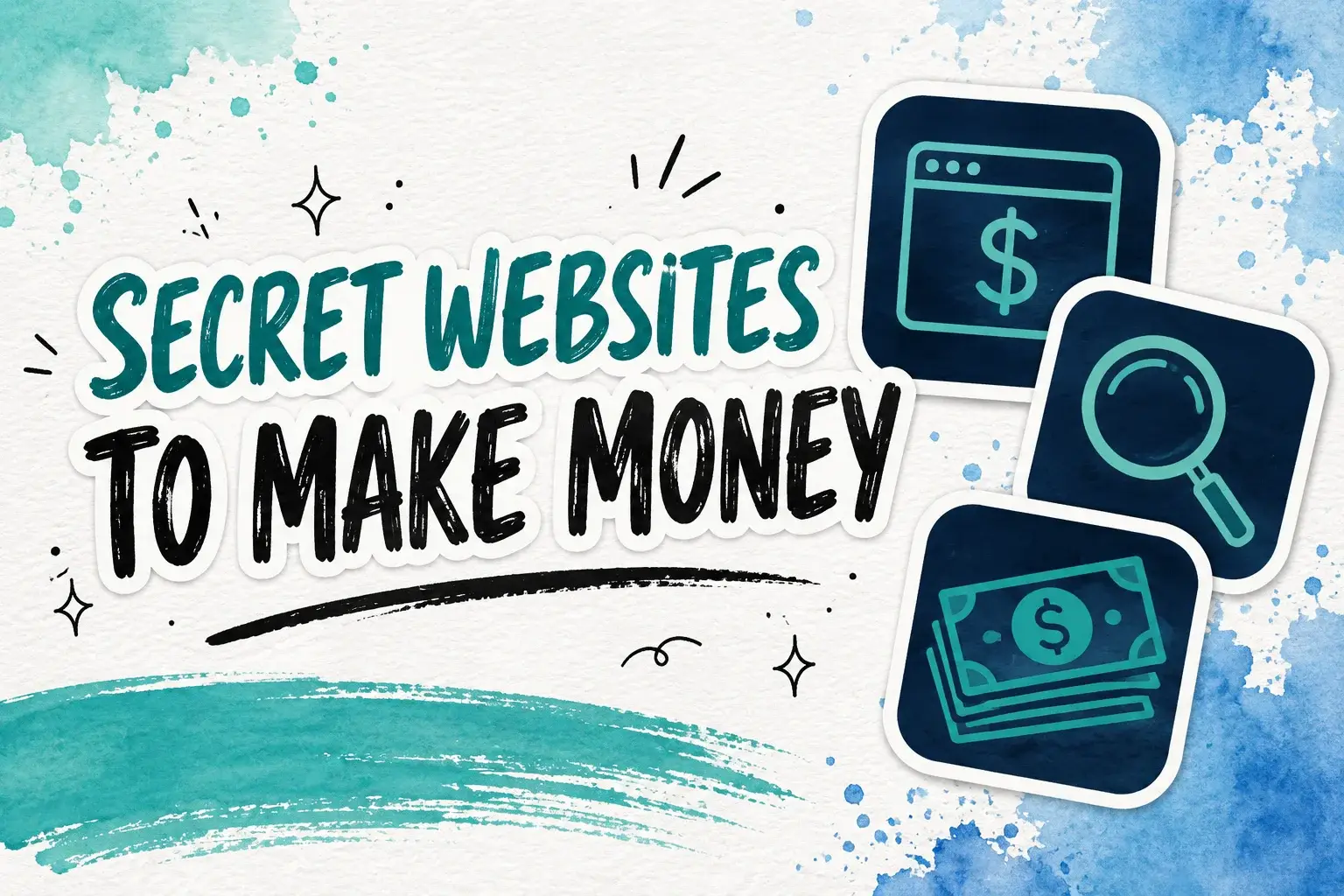 Secret websites to make money title art with browser, magnifying glass, and cash icons