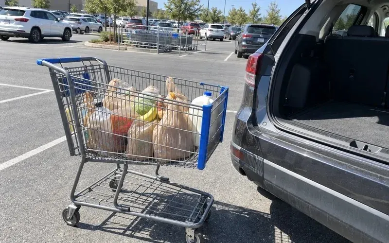 Cart of bagged groceries next to an open car trunk in a store parking lot