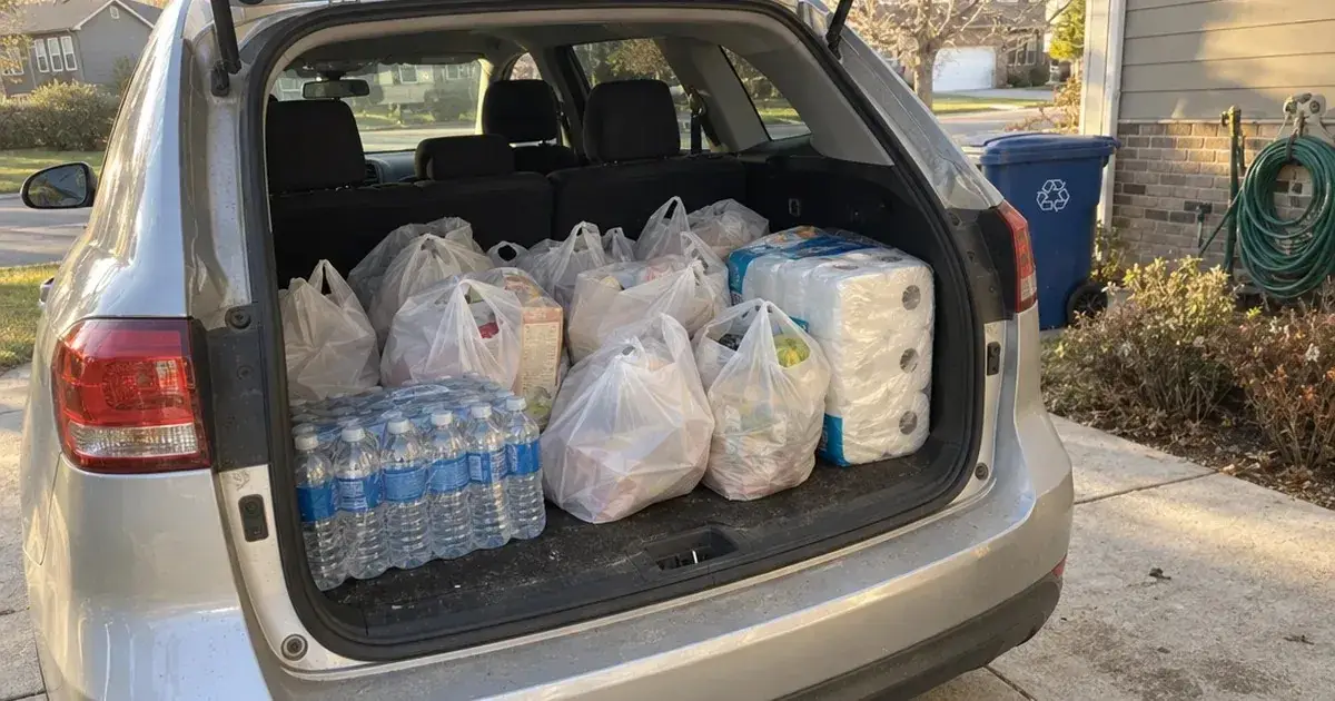 Grocery bags and a case of water loaded in a car trunk for a Spark delivery