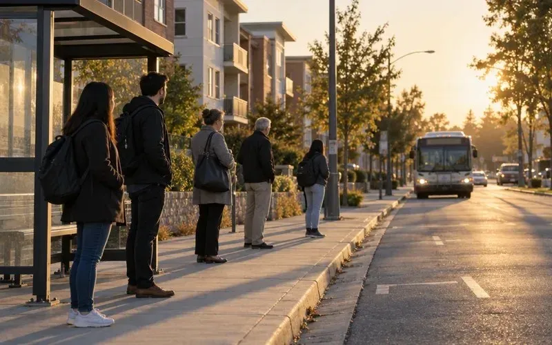 Commuters waiting at a suburban bus stop as a city bus approaches