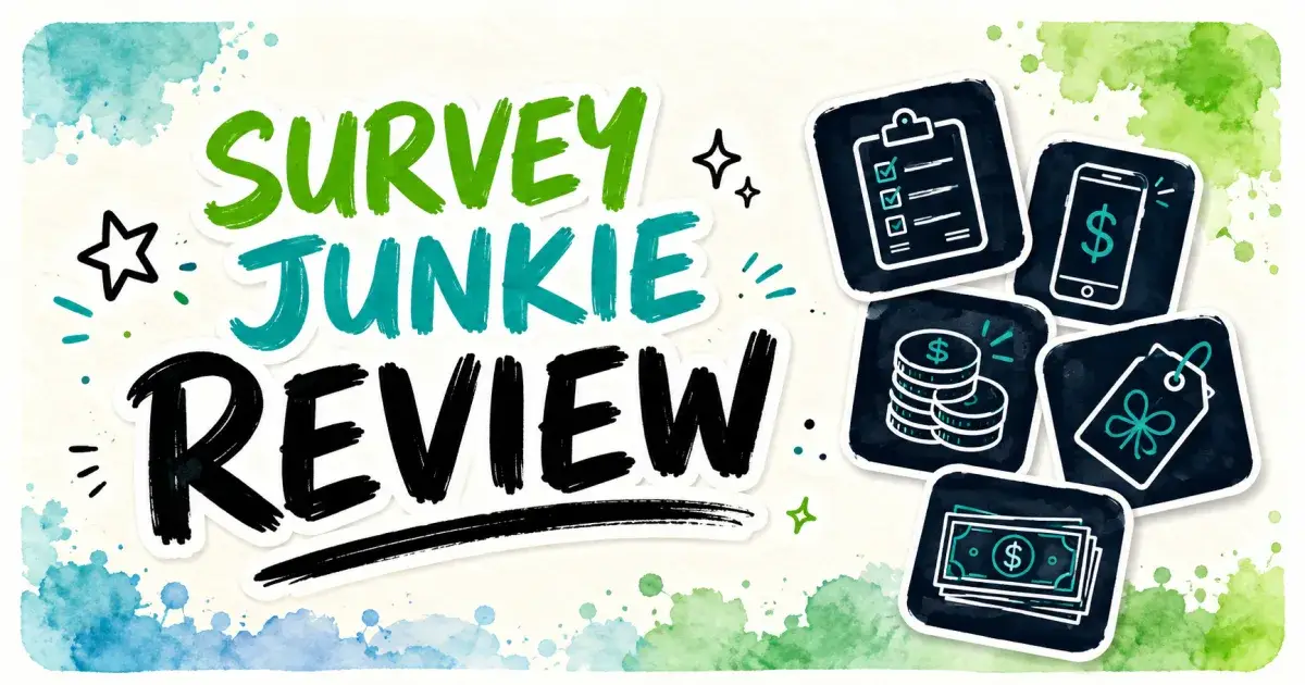 Hand-lettered Survey Junkie Review banner in watercolor style with tiles showing a survey clipboard, a phone with a dollar sign, coins, a gift tag, and dollar bills