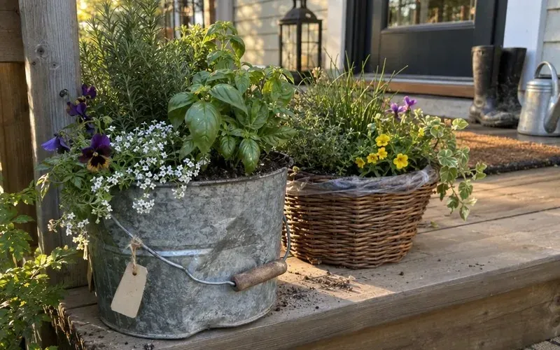 Thrifted bucket and basket planted with herbs and flowers on porch steps