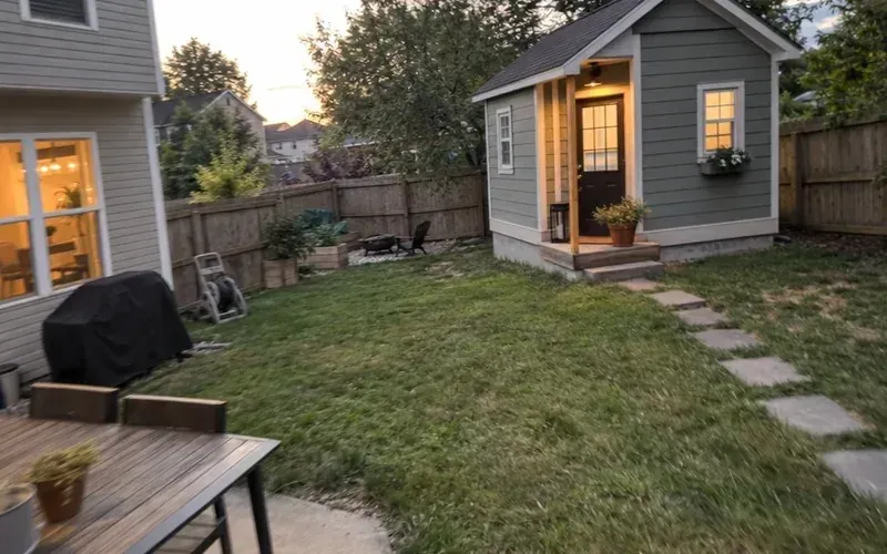 Tiny house on a foundation in the backyard of a larger suburban home