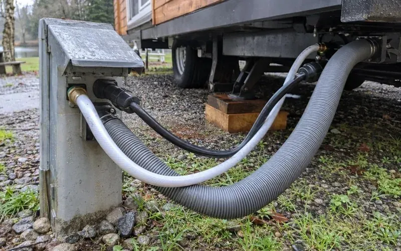 Water, sewer and power lines connecting a tiny house trailer to a ground utility post