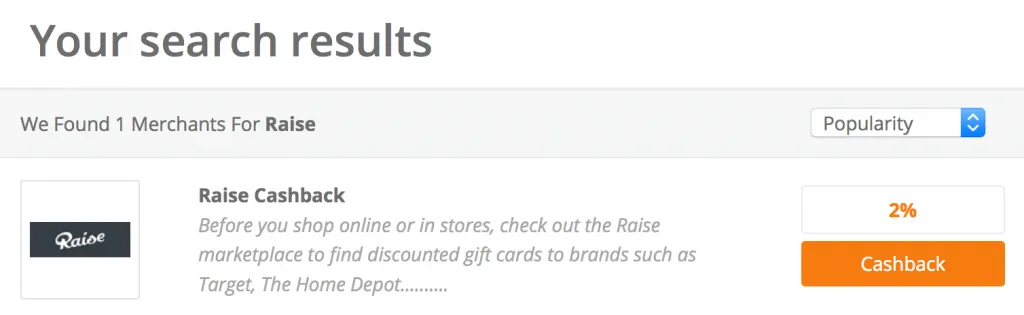 topcashback cashback amount at raise.com