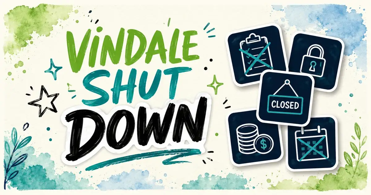 Hand-lettered banner reading Vindale Shut Down, with icons of a crossed-out survey clipboard, a padlock, a Closed sign, a stack of coins and a crossed-out calendar